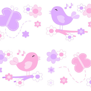 Chickadee Bird Butterfly Floral Purple Lavender Pink LARGE 