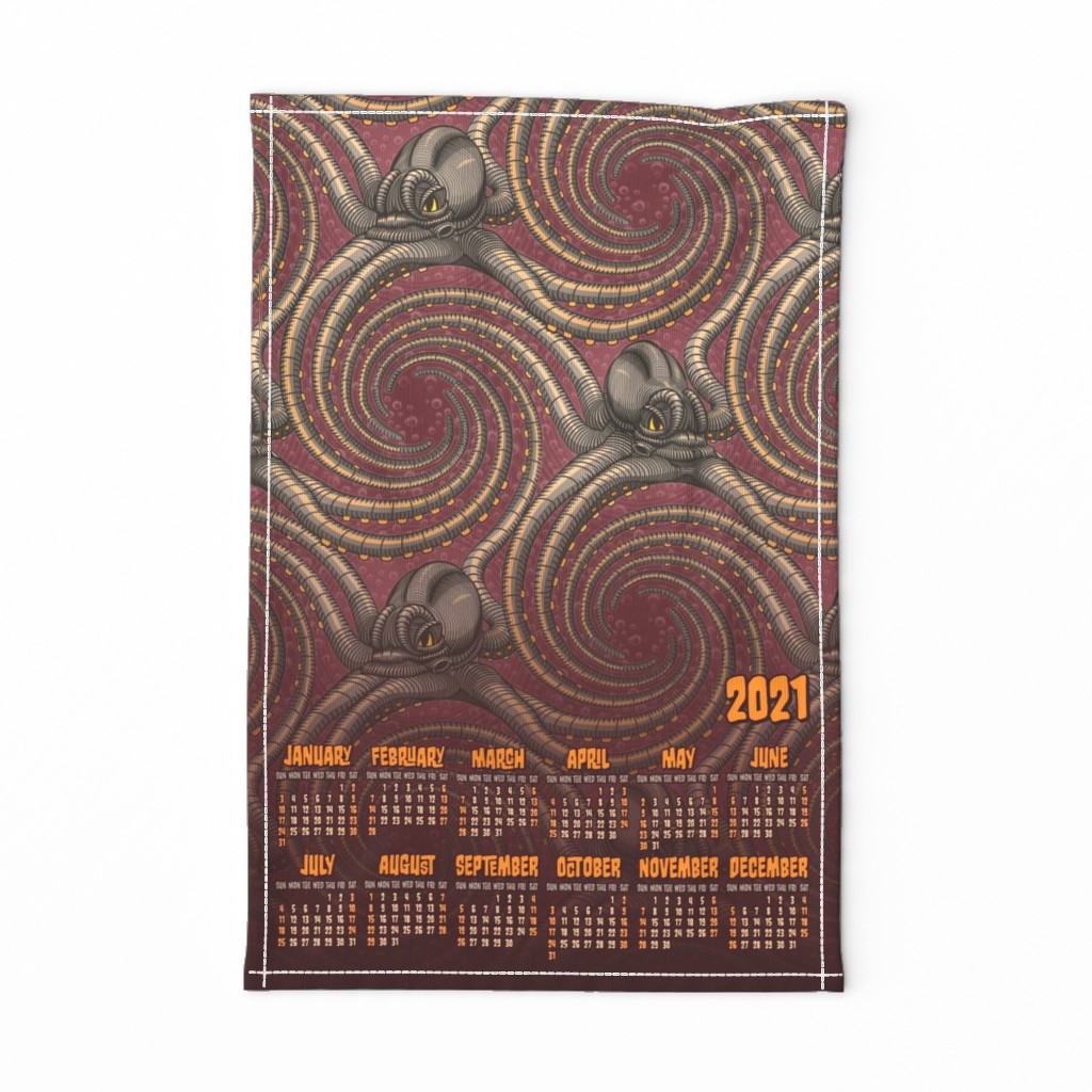 ★ 2021 : REVENGE OF THE KRAKEN ! ★ Tea Towel Calendar -Burgundy Red / Collection : Kraken ' Roll – Steampunk Octopus Print