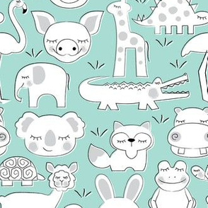 assorted animals on light teal