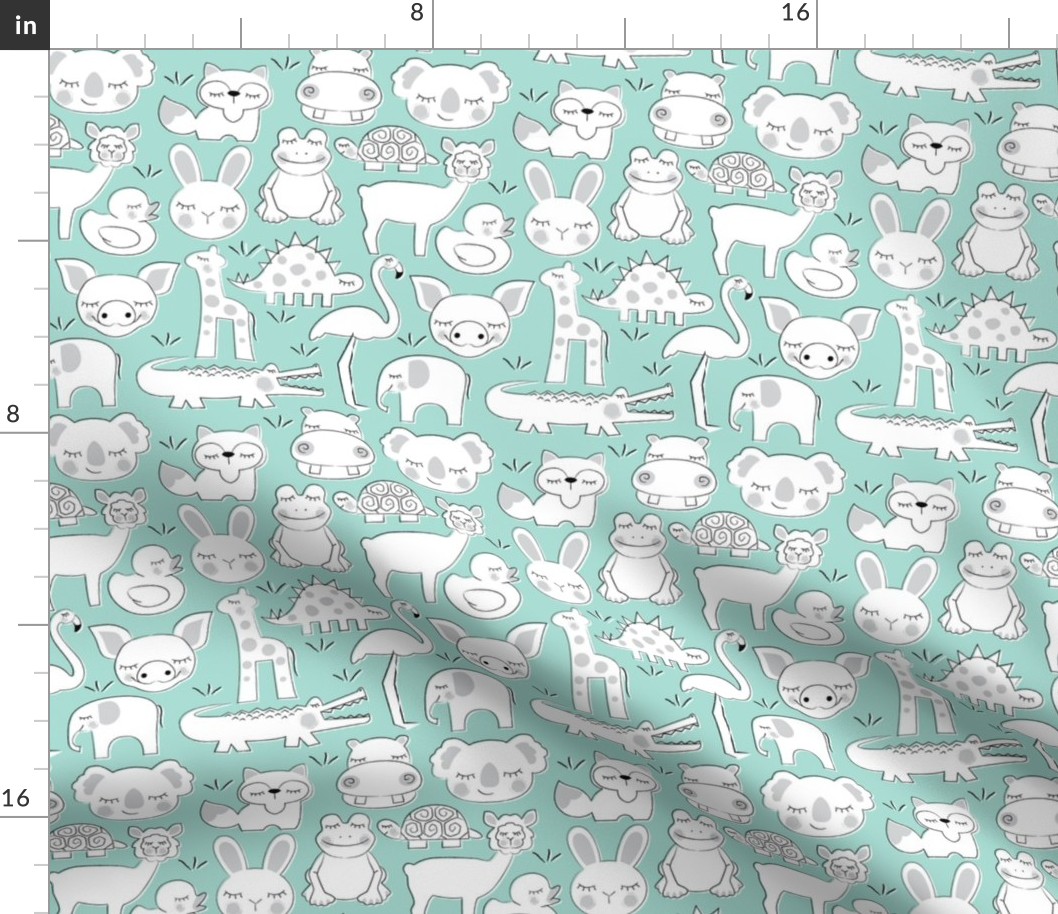 assorted animals on light teal