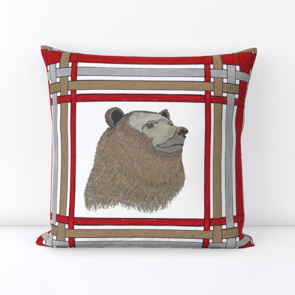 Gold Bear on Red, Gold and Silver Plaid