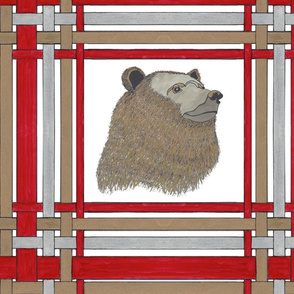Gold Bear on Red, Gold and Silver Plaid