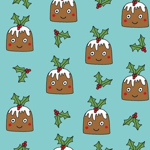 christmas pudding fabric // christmas fabric, cute christmas fabric, kawaii christmas fabric, andrea lauren fabric, cute design, kids christmas fabric, christmas pudding gift wrap, christmas wrapping paper -  blue