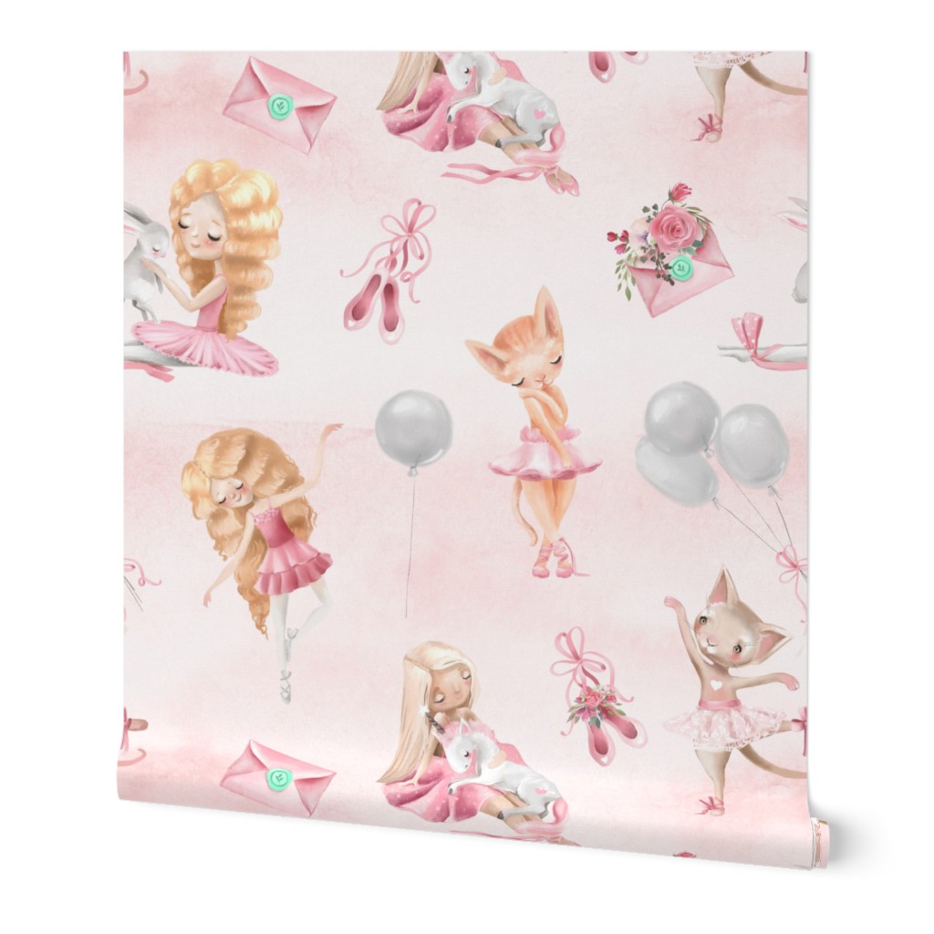10" Little Cute Ballerinas, Cats,Unicorns and Balloons on blush pink watercolor background