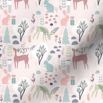 18" Scandinavian Nursery Woodland Friends - Deer and Bunny in Forest- Pink Small