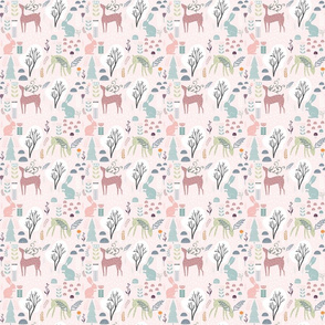 18" Scandinavian Nursery Woodland Friends - Deer and Bunny in Forest- Pink Small