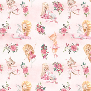 12" Little ballerinas,cats and unicorns on blush pink background