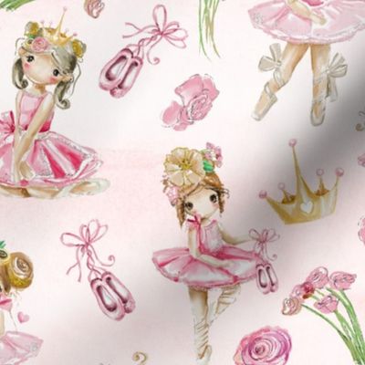 1o" Hand drawn little Ballerinas with gold glitter and flower bouqets on pink background