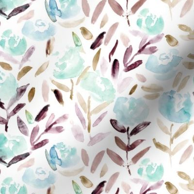 Watercolor floral pattern in blue and deep purple