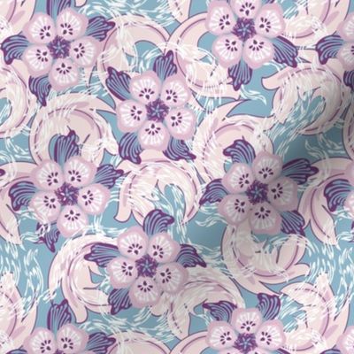 Whirlwinds of flowers, light purple. Blue-gray background
