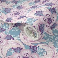 Whirlwinds of flowers, light purple. Blue-gray background