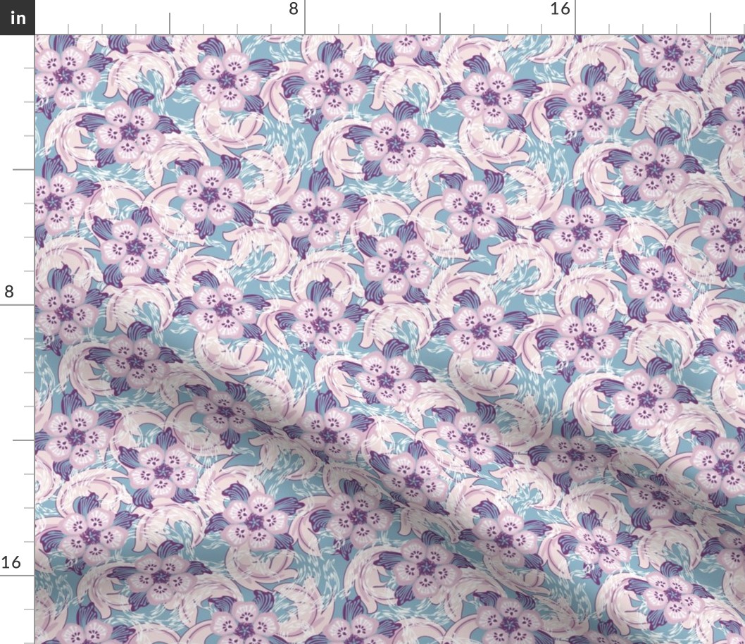 Whirlwinds of flowers, light purple. Blue-gray background