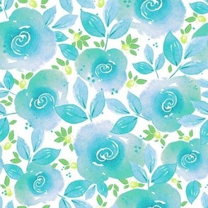 Watercolor blue roses with blueberries on a white background
