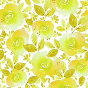 Watercolor yellow roses with blueberries on a white background