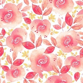 Watercolor red-pink roses with red-pink leaves on a white background