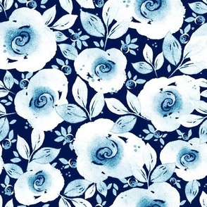 Watercolor blue-white roses with blueberries on a dark blue background