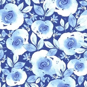 Watercolor blue-white roses with blueberries on blue background