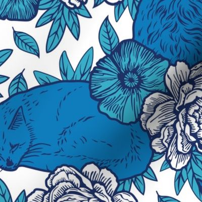 Chinoiserie Inspired Floral Design with Cats - Blue and White