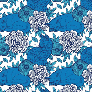 Chinoiserie Inspired Floral Design with Cats - Blue and White