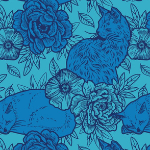 Chinoiserie Inspired Floral Design with Cats - Blue
