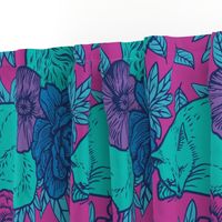 Chinoiserie Inspired Floral Design with Cats - Purple and teal