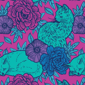 Chinoiserie Inspired Floral Design with Cats - Purple and teal