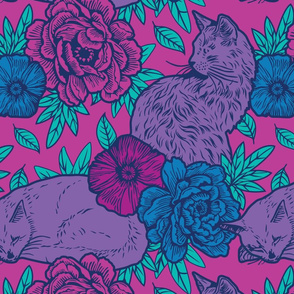 Chinoiserie Inspired Floral Design with Cats - Purple