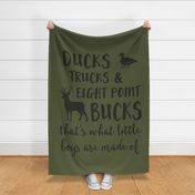 (2 yrds minky) Ducks, Trucks, & Eight Point Bucks that is what little boys are made of - dark grey on grey