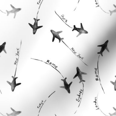 around the world pattern in black-and-white || watercolor planes