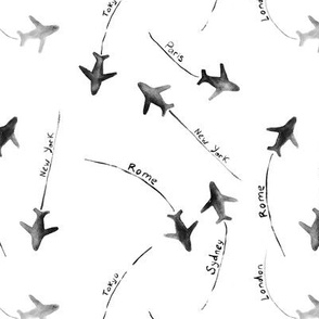 around the world pattern in black-and-white || watercolor planes