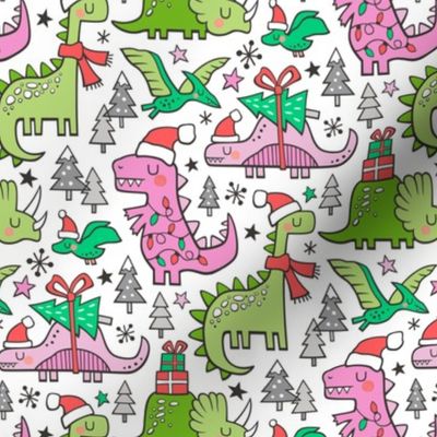 Christmas Holidays Dinosaurs & Trees Pink on White Smaller 75% Scale