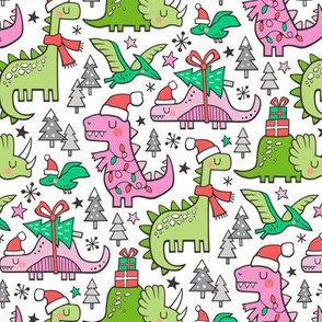 Christmas Holidays Dinosaurs & Trees Pink on White Smaller 75% Scale