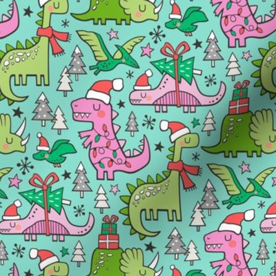 Christmas Holidays Dinosaurs & Trees Pink on Mint Green Smaller 75% Scale