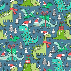 Christmas Holidays Dinosaurs & Trees on Dark Blue Navy Smaller 75% Scale