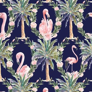 GLAMOROUS FLAMINGOS DAMASK PALM TREE WREATH DEEP BLUE INDIGO WATERCOLOR