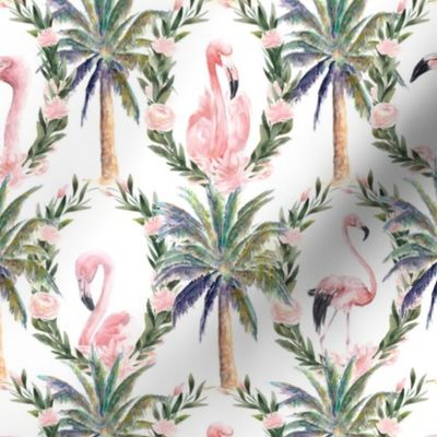 GLAMOROUS FLAMINGOS DAMASK PALM TREE WREATH WHITE  WATERCOLOR