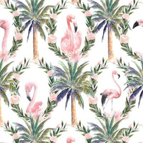 GLAMOROUS FLAMINGOS DAMASK PALM TREE WREATH WHITE  WATERCOLOR