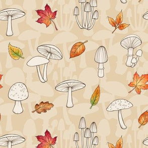 Autumn Leaves and Mushrooms - taupe