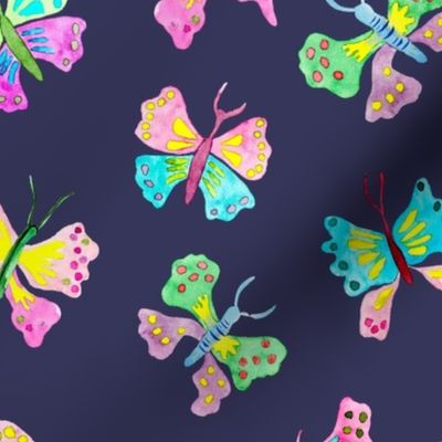 Whimsical butterflies with dark blue.   Use the design for swimsuit, bikini, girls room decor or play room wallpaper.