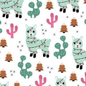 Kawaii Christmas lights and seasonal llama holiday cactus tree print mint pink