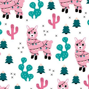 Kawaii Christmas lights and seasonal llama holiday cactus tree print blue pink