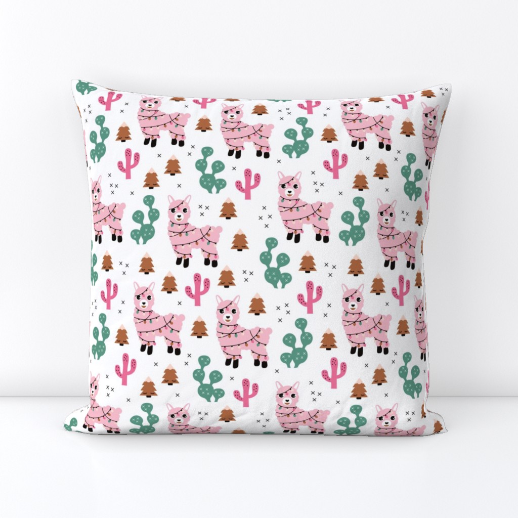 Kawaii Christmas lights and seasonal llama holiday cactus tree print pink copper green