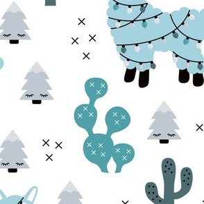 Christmas lights and seasonal llama holiday cactus tree print blue boys JUMBO
