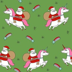 santa unicorn fabric - funny christmas fabric, unicorn christmas fabric, santa claus fabric, father christmas fabric, cute holiday design -  medium green
