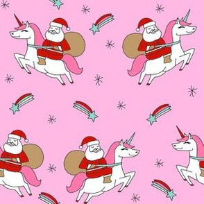 santa unicorn fabric - funny christmas fabric, unicorn christmas fabric, santa claus fabric, father christmas fabric, cute holiday design -  pink