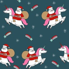 santa unicorn fabric - funny christmas fabric, unicorn christmas fabric, santa claus fabric, father christmas fabric, cute holiday design -  blue