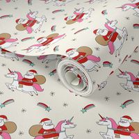 santa unicorn fabric - funny christmas fabric, unicorn christmas fabric, santa claus fabric, father christmas fabric, cute holiday design -  cream