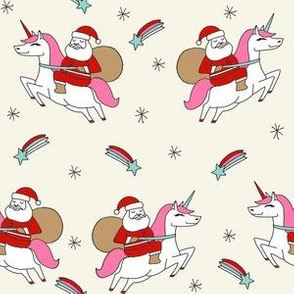santa unicorn fabric - funny christmas fabric, unicorn christmas fabric, santa claus fabric, father christmas fabric, cute holiday design -  cream
