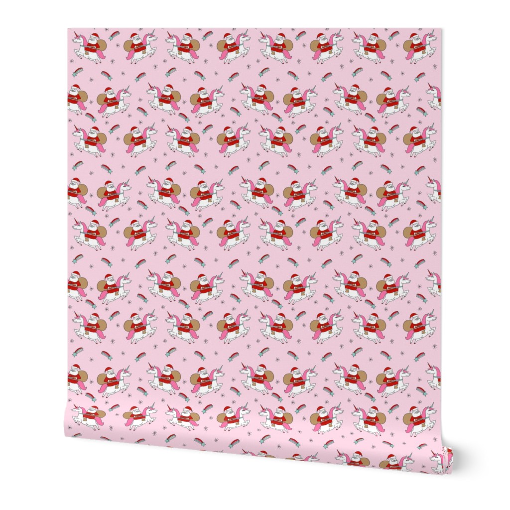 santa unicorn fabric - funny christmas fabric, unicorn christmas fabric, santa claus fabric, father christmas fabric, cute holiday design -  light pink