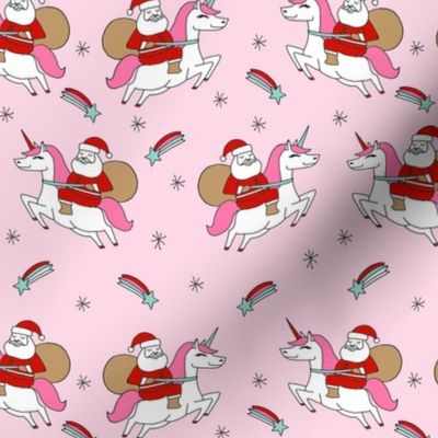 santa unicorn fabric - funny christmas fabric, unicorn christmas fabric, santa claus fabric, father christmas fabric, cute holiday design -  light pink